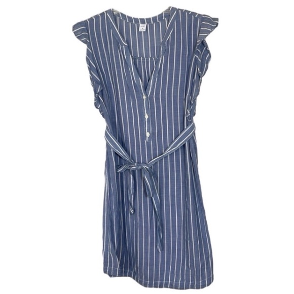 Old Navy Chambray Dress Cotton Stripes Sheath Denim Blue White Ruffle Sleeveless - Picture 1 of 17